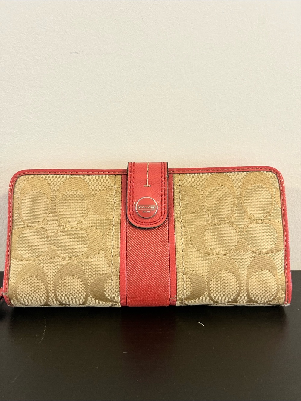 Coach Tan Signature Canvas Wallet with Red Trim